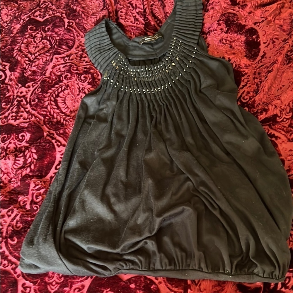 BCBG Max Azria Black Sequined Beaded Pleated Sleeveless Top L